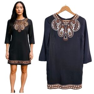 Tibi Women 100% Silk 3/4 Sleeve Shift Dress 8 Black Sophisticated Luxury Elegant